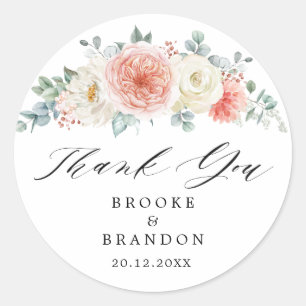 Adesivo Redondo Peach Pastel Pink Floral de Verão Obrigado