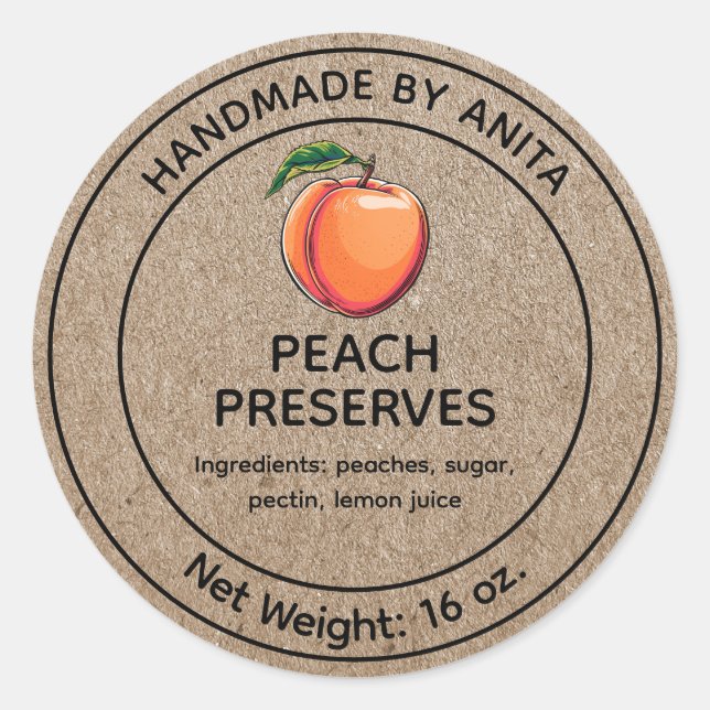 Adesivo Redondo Peach Preserva Jelly Jam Label Kraft Estilo (Frente)