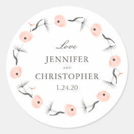Adesivo Redondo Peach Watercolor Dandelion Wedding Favor Personali