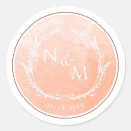 Adesivo Redondo Peach Watercolor Monograma Envelope Selo/Favor