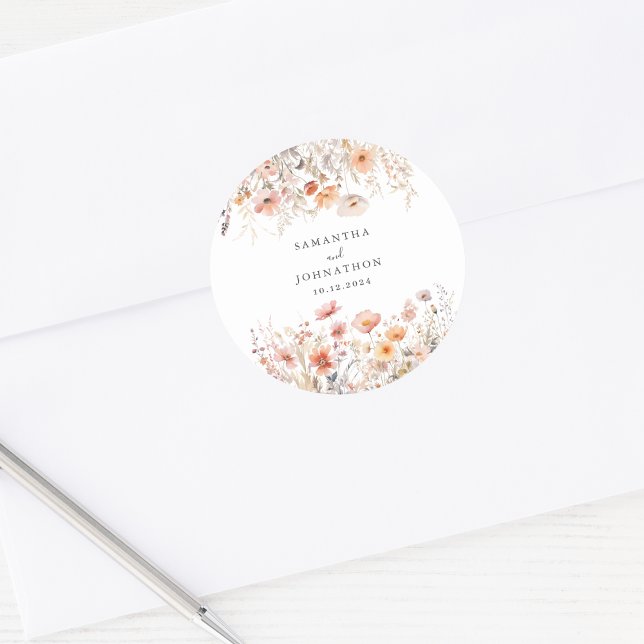 Adesivo Redondo Peach Wildflower Watercolor Casamento (Criador carregado)