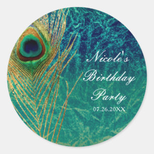 Adesivo Redondo Peacock Feather Blue Teal Dourado Favor Personaliz