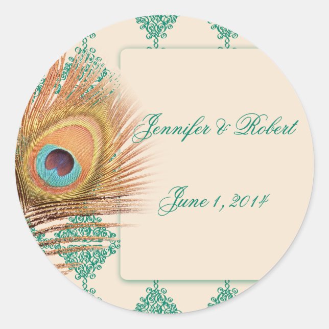 Adesivo Redondo Peacock Feather no Teal Marroquino Envelope Selo (Frente)