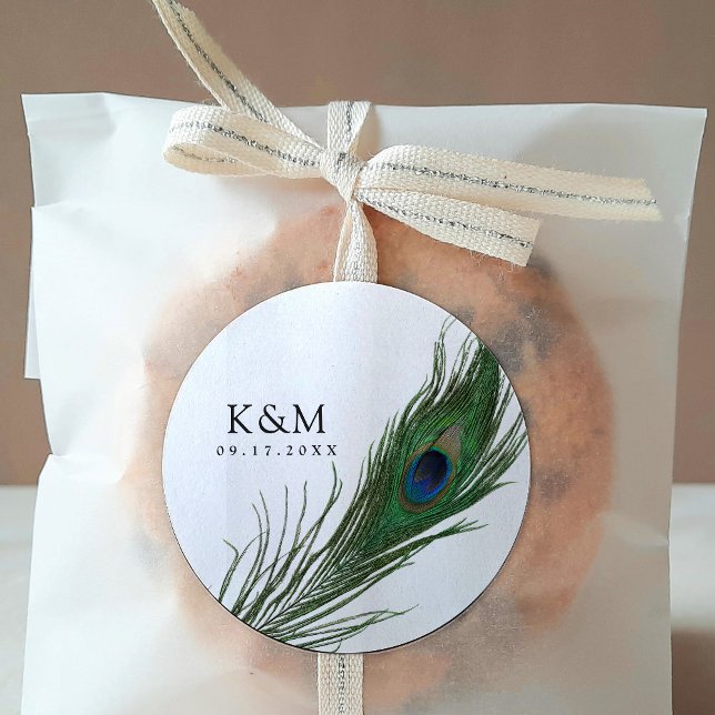 Adesivo Redondo Peacock Feather Poise | Evento de Casamento (Criador carregado)