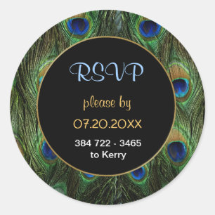 Adesivo Redondo Peacock Feather RSVP Wedding Seal - Personalizar