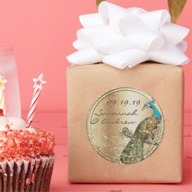 Adesivo Redondo Peacock Love Bird Dourado Weding Seal (Festa)