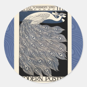 Adesivo Redondo Peacock Vintage Blue Art Nouveau Art