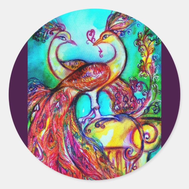 Adesivo Redondo PEACOCKS NO AMOR MONOGRAMA vermelho azul-turvo (Frente)