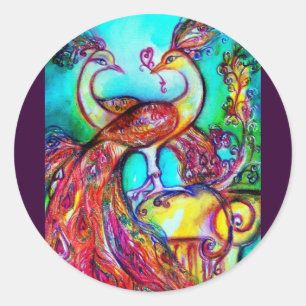 Adesivo Redondo PEACOCKS NO AMOR MONOGRAMA vermelho azul-turvo