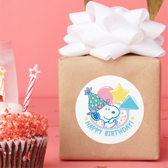 Adesivo Redondo PEANUTS | Balões de Aniversário Felizes de Snoopy (Festa)