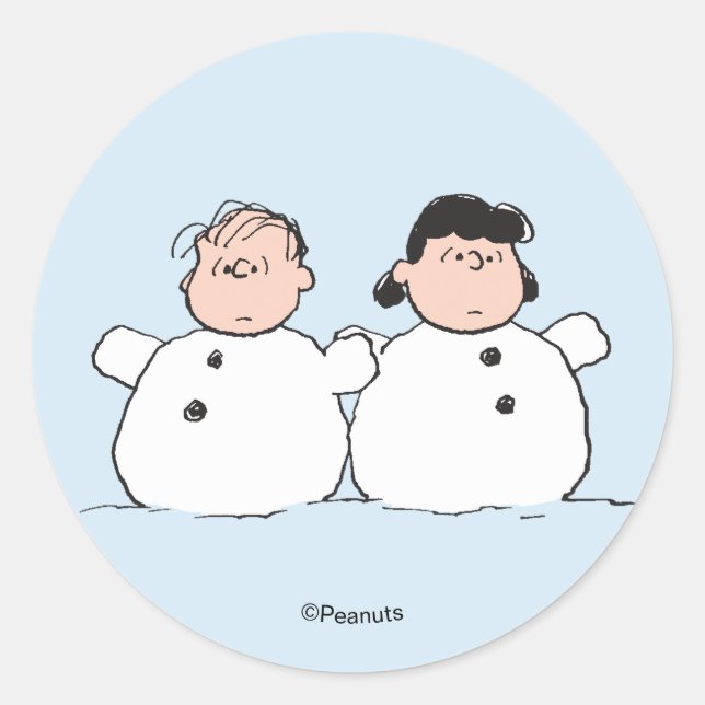 Adesivo Redondo Peanuts | Linus & Lucy Snowmen (Frente)
