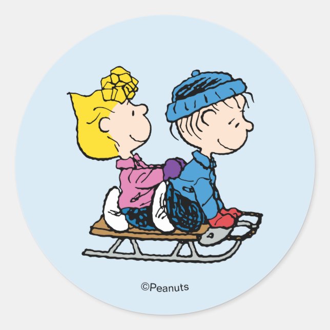 Adesivo Redondo Peanuts | Sally & Linus Sled Riding (Frente)