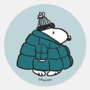 Adesivo Redondo Peanuts   Snoopy Casaco Puffer de Inverno Clássico