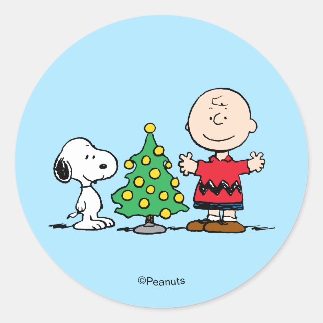 Adesivo Redondo Peanuts | Snoopy & Charlie Brown Christmas Tree (Frente)