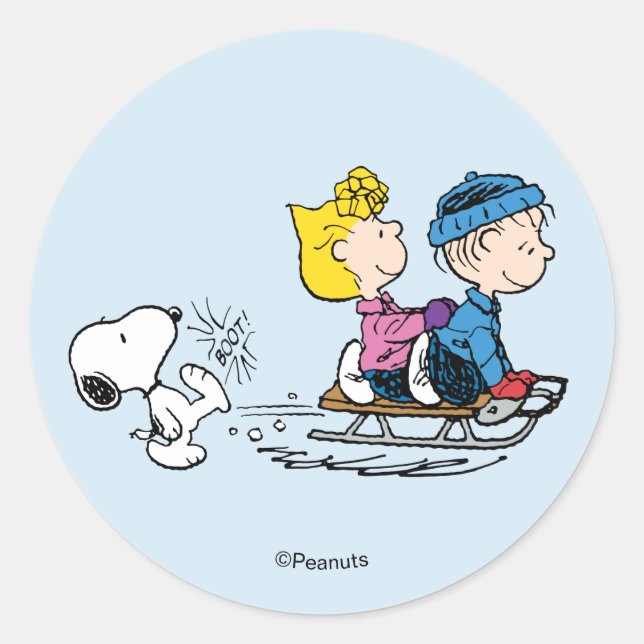 Adesivo Redondo Peanuts | Snoopy, Sally & Linus Sled Riding (Frente)