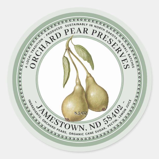 Adesivo Redondo Pear Preserva Rótulo Jam Jelly 1930 Verde (Frente)