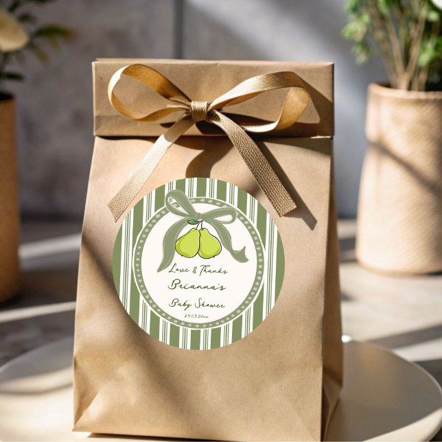 Adesivo Redondo Pear sage green retro stripes baby shower favor (Pear sage green retro stripes baby shower favor stickers pear baby shower favor stickers)