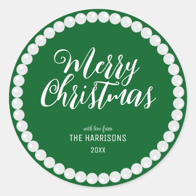 Adesivo Redondo Pearl Branco Simples Natal Verde (Frente)