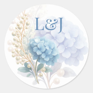 Adesivo Redondo Pearl Hydrangea Blue Waterercolor Casamento Românt
