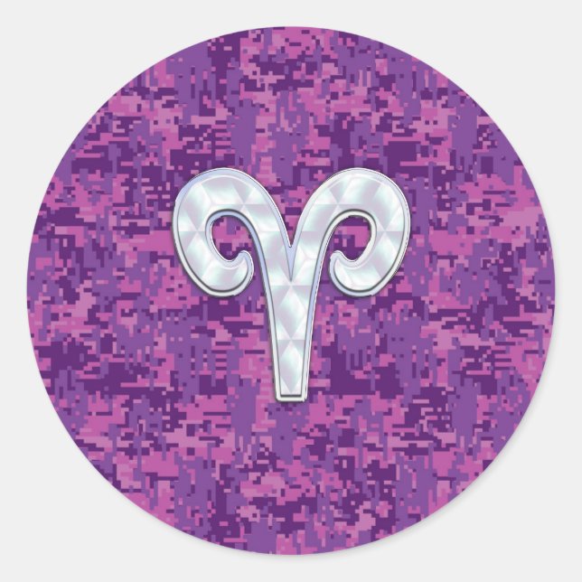 Adesivo Redondo Pearl Like Aries Sinal Zodiac na Camo Digital (Frente)