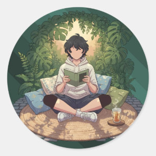 Adesivo Redondo Peça de Arte de Leitura de Jardim Aconchegante
