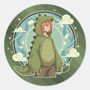 Adesivo Redondo Peça de Arte de Menino Fantasia Dinossauro Fofo