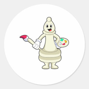 Adesivo Redondo Peça de xadrez Bishop como Pintor com Pincel e Cor