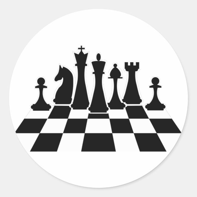 Adesivo Redondo Peças pretas de xadrez num tabuleiro de xadrez (Frente)