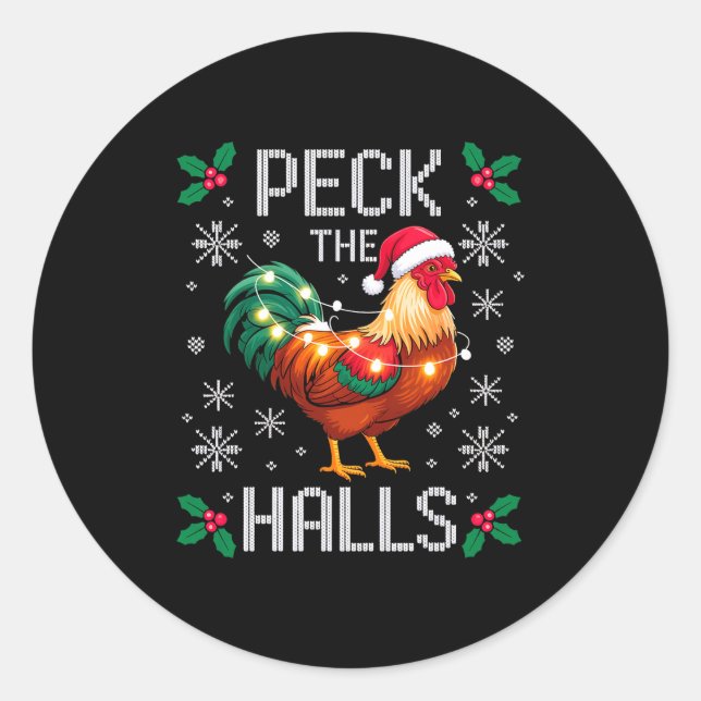 Adesivo Redondo Peck The Halls Chicken Christmas Lights Snowflakes (Frente)