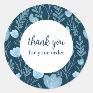 Adesivo Redondo PEDIDO OBRIGADO A FLORES Azuis Personalizadas Fleb