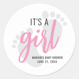 Adesivo Redondo Pegadas cor-de-rosa bonitas É um Chá de fraldas