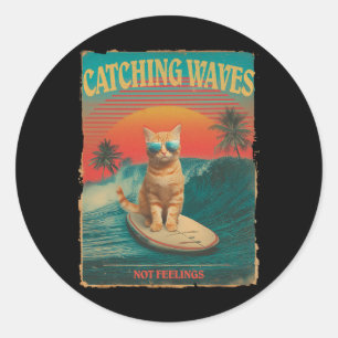 Adesivo Redondo Pegando Ondas Não Sentimentos Funny Surfing Cat Re