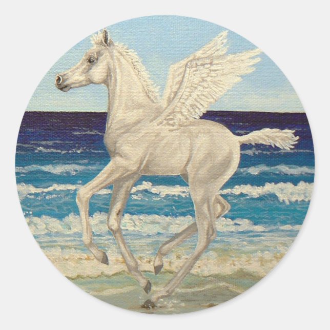 Adesivo Redondo Pegasus Horse Baby on Beach Fantasy (Frente)