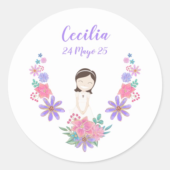 Adesivo Redondo Pegatina redonda Primera Comunión CECILIA (Frente)