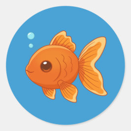 Adesivo Redondo Peixe Dourado de Desenho Animado Fofo em Azul