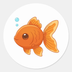 Adesivo Redondo Peixe Dourado de Desenho Animado Fofo em Branco