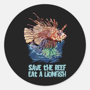 Adesivo Redondo Peixe-Leão Salva O Recife Coma Leão Engraçado Fofo