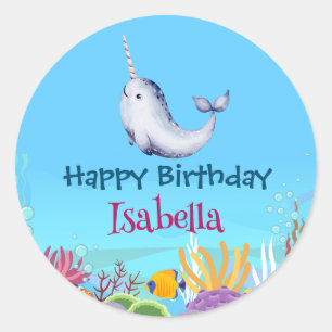 Adesivo Redondo Peixe Narral Cute Unicorn Mar de Baleia Aniversári
