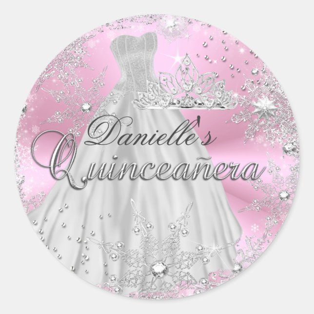 Adesivo Redondo Peixe-Neve Rosa Floco de Neve Quinceanera Sticker (Frente)