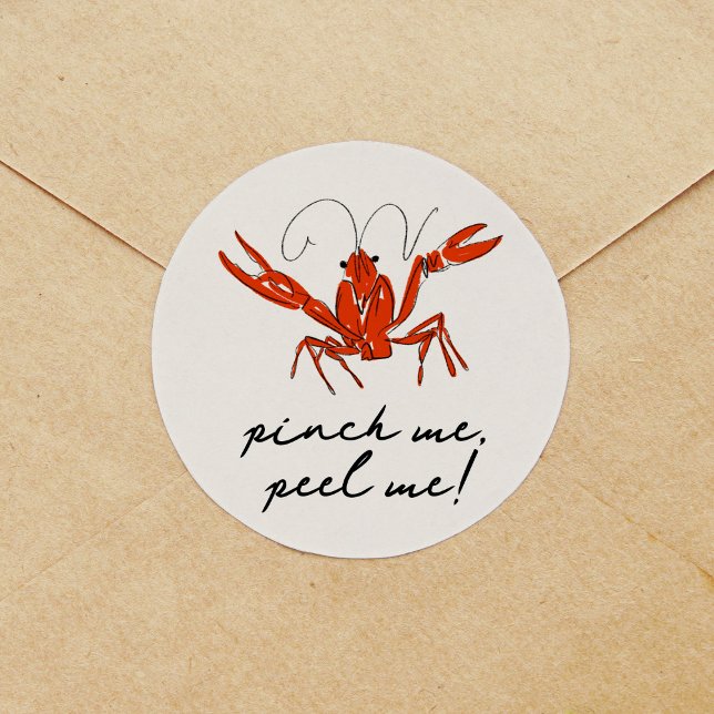 Adesivo Redondo Peixe-Rastreio Vermelho Prende-me a Desempunhar-me (Red crawfish Pinch Me, Peel Me! sticker.)