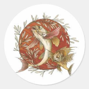 Adesivo Redondo Peixe Voador Japonês e Folhas de Bambu Arte Vintag