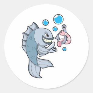 Adesivo Redondo Peixes com gancho de peixe e verme