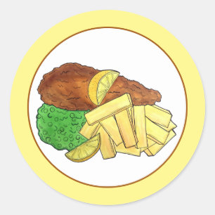 Adesivo Redondo Peixes e Chips - Comida do restaurante britânico P