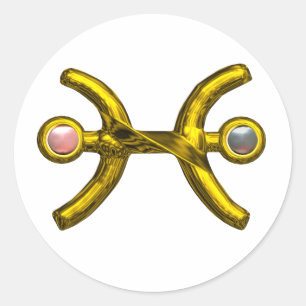 ADESIVO REDONDO PEIXES / INJETOS ZODIÁTICOS DOURADOS COM PÉARAS