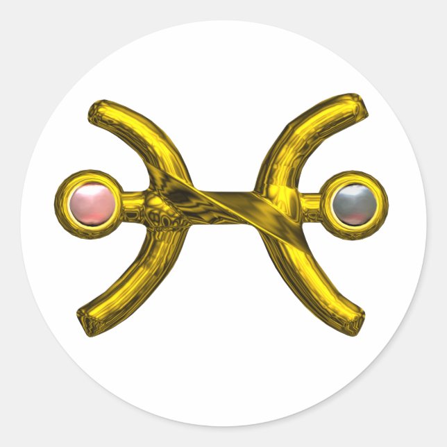 ADESIVO REDONDO PEIXES / INJETOS ZODIÁTICOS DOURADOS COM PÉARAS (Frente)