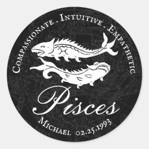 Adesivo Redondo Peixes Vintage Astrologia Zodiac Traço Preto Pers