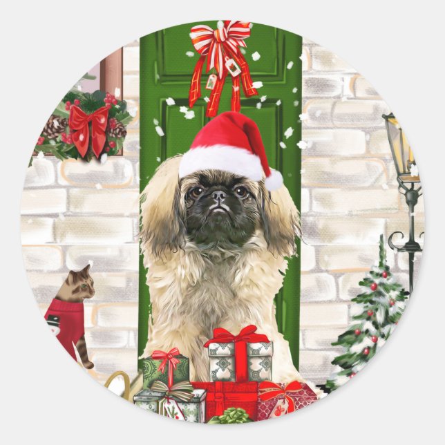 Adesivo Redondo Pekingese Dog Christmas (Frente)