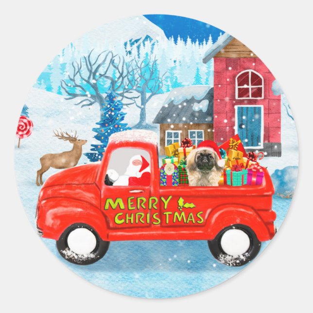 Adesivo Redondo Pekingese Dog Christmas Delivery Truck Snow (Frente)