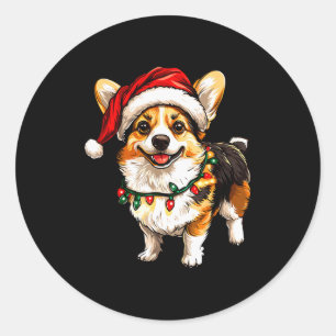 Adesivo Redondo Pembroke Welsh Corgi Papai Noel Luzes de Árvore de
