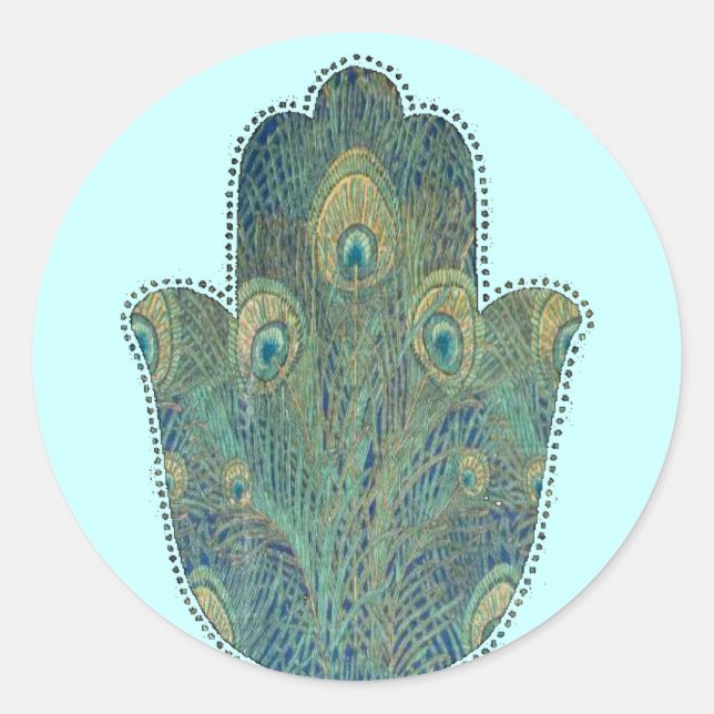 Adesivo Redondo Pena de Pavão Hamsa Judaica Boho (Frente)